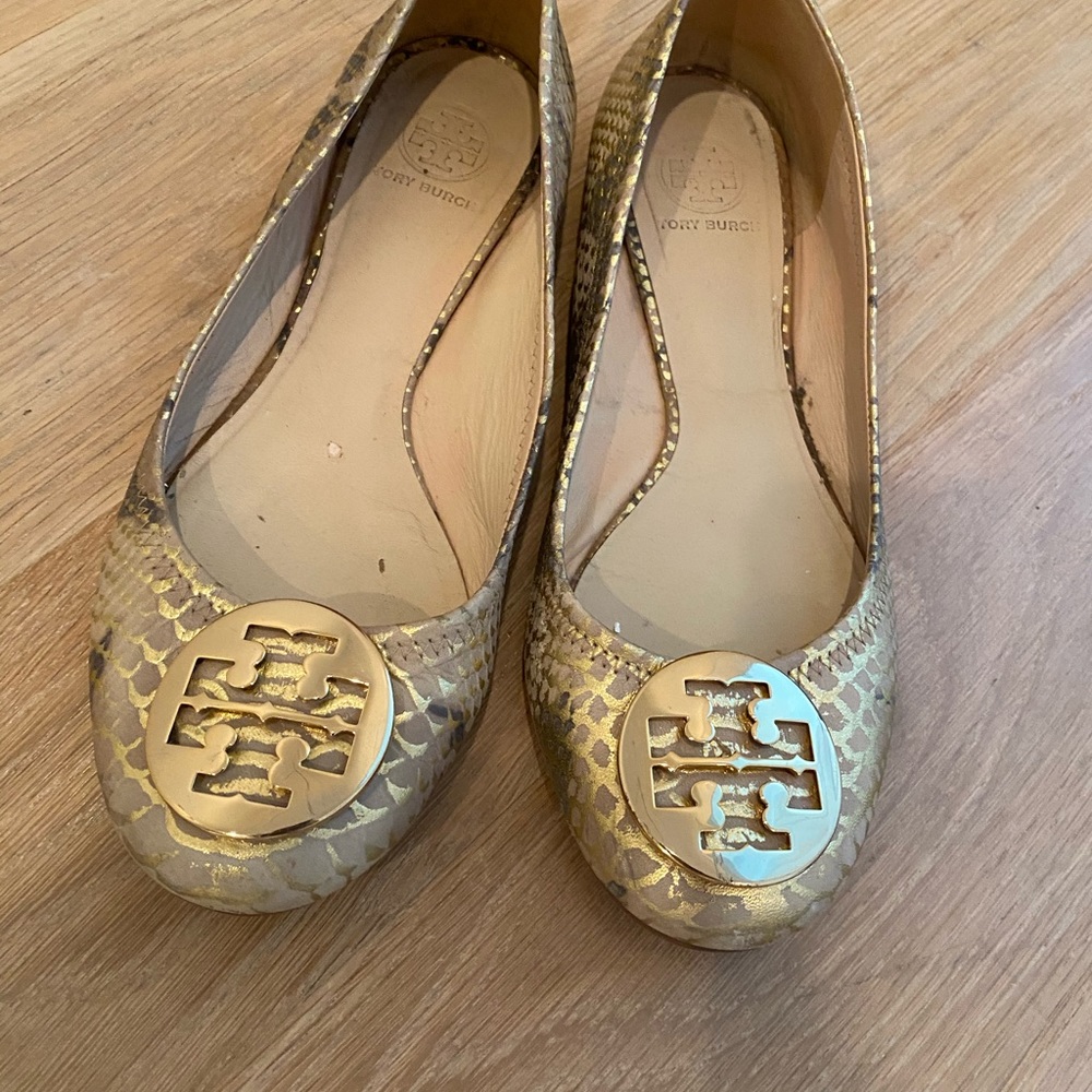 Tory Burch Gold Snakeskin Flats size 9